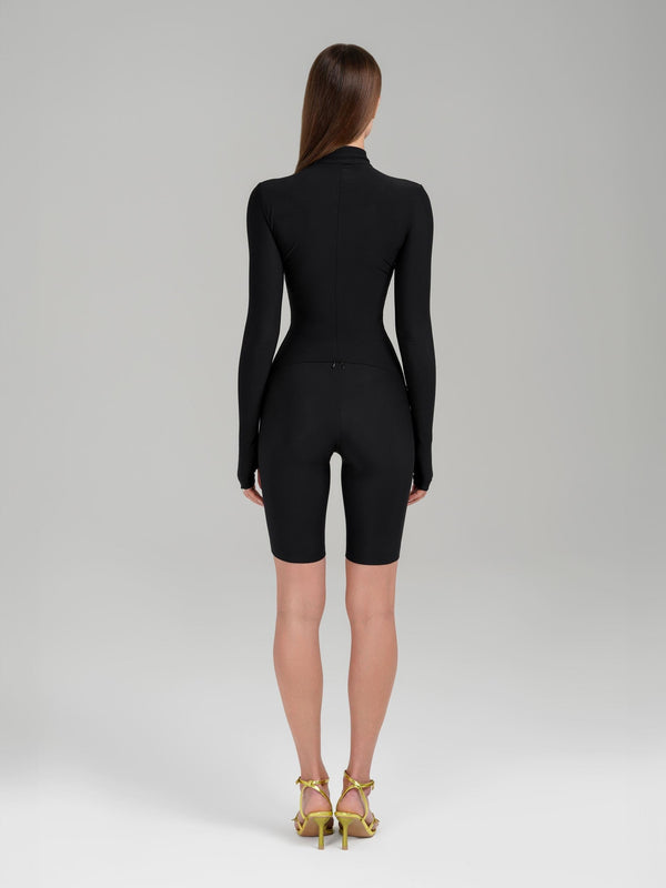 Monosuit Black Long Sleeve High Neck Zip Up Shorts Bodysuit