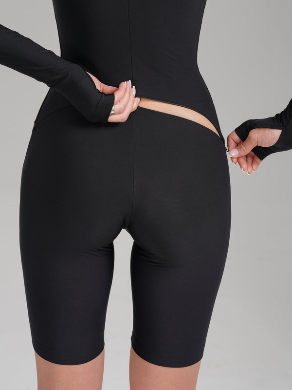 Monosuit Black Long Sleeve High Neck Zip Up Shorts Bodysuit