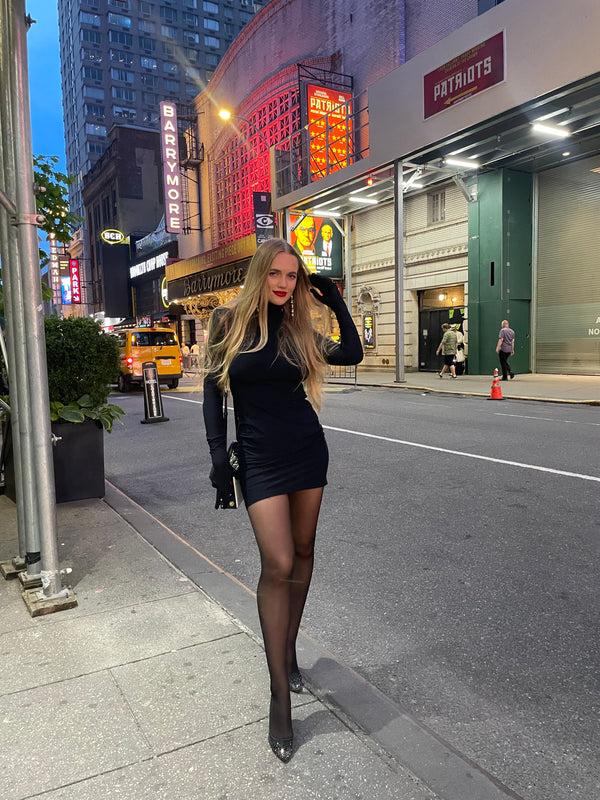 Monosuit Black Long Sleeve Turtleneck Bodycon Shoulder Pad Party Futuristic Mini Dress With Gloves