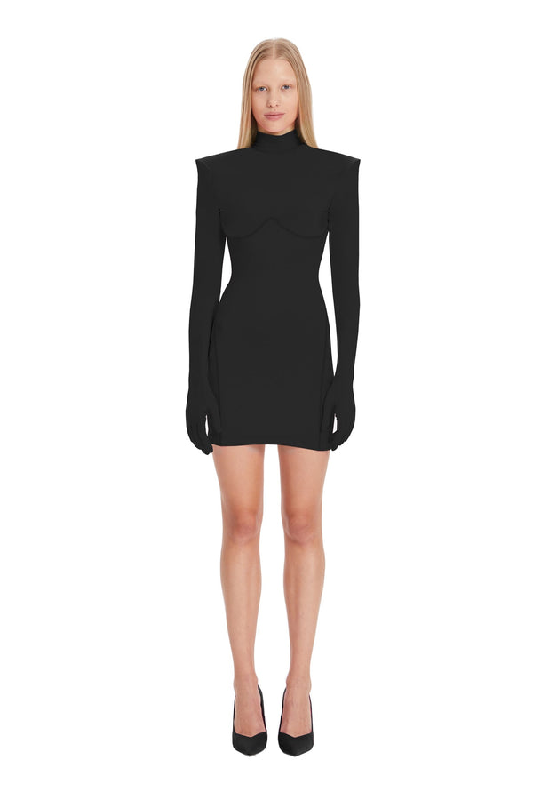 monosuit Black Long Sleeve Turtleneck Bodycon Shoulder Pad Party Futuristic Mini Dress with Gloves