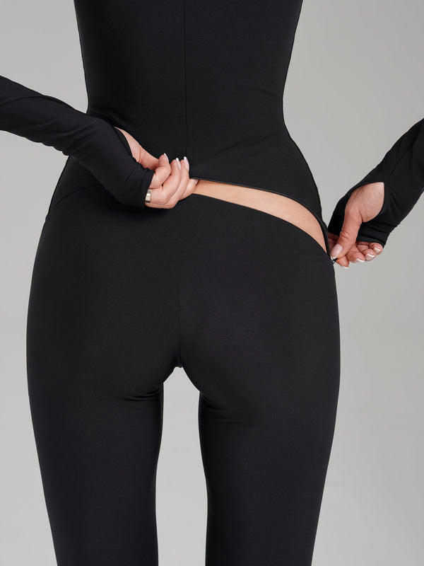 Monosuit Black Scoop Neck Long Sleeve Full Bodysuit Open