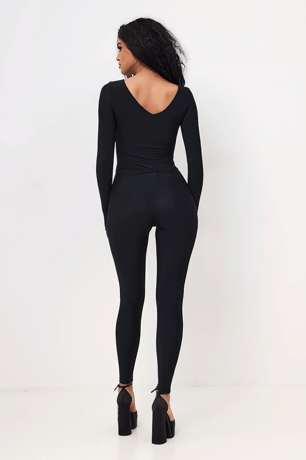 Monosuit Black Scoop Neck Long Sleeve Full Bodysuit Open