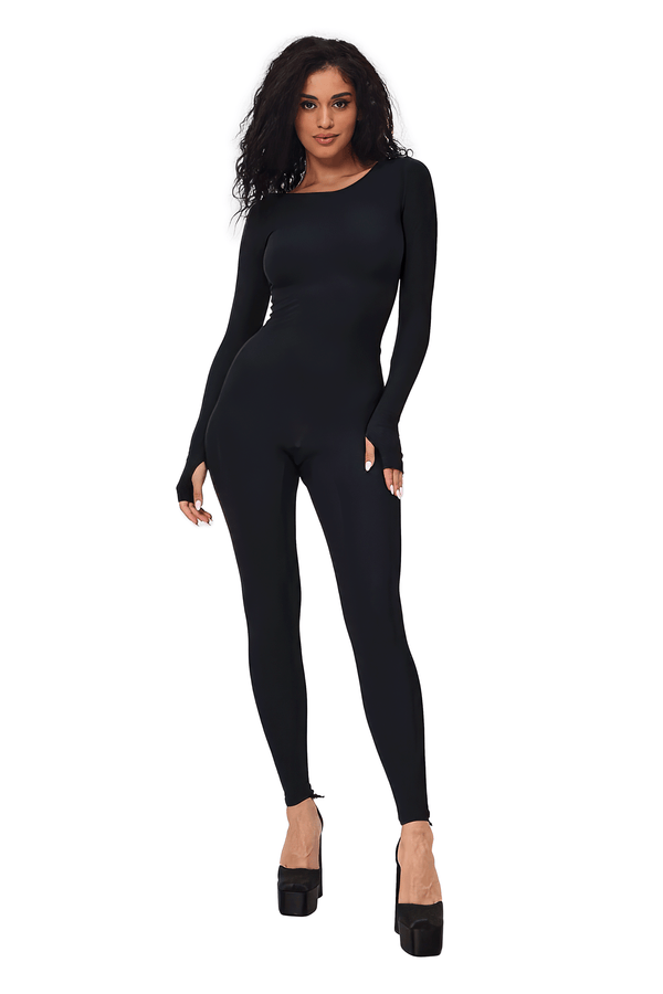 monosuit Black Scoop Neck Long Sleeve Full Bodysuit Open