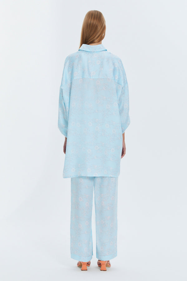 Monosuit Blue Full Length High-Waist Loose Fit Wide Leg Tencel Casual Women's Pants