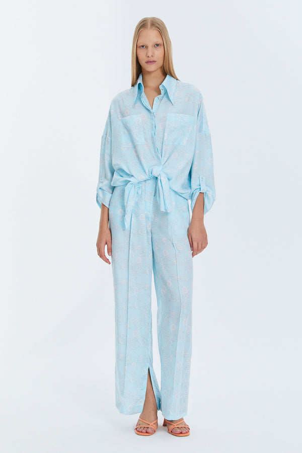 Monosuit Blue Full Length High-Waist Loose Fit Wide Leg Tencel Casual Women's Pants