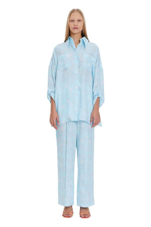 monosuit Blue Full Length High-Waist Loose Fit Wide Leg Tencel Casual Women's Pants