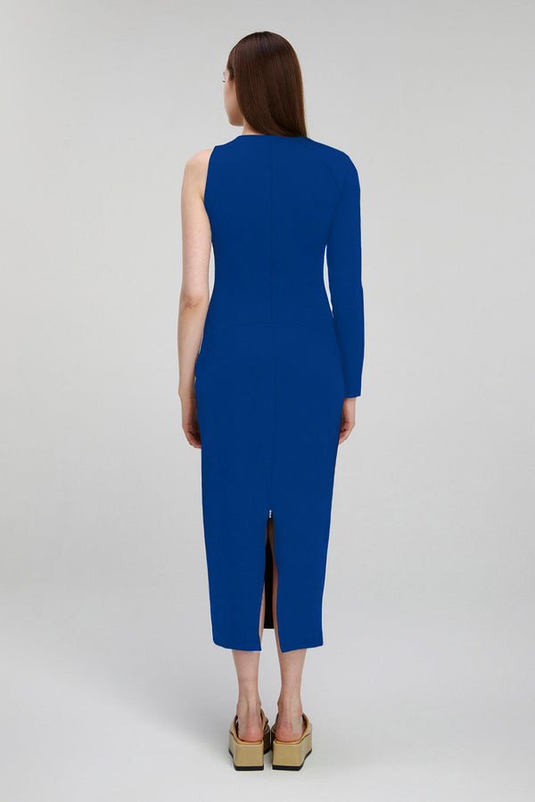 Monosuit Blue One Sleeve Asymmetric Neck Bodycon Evening Minimalist Midi Dress