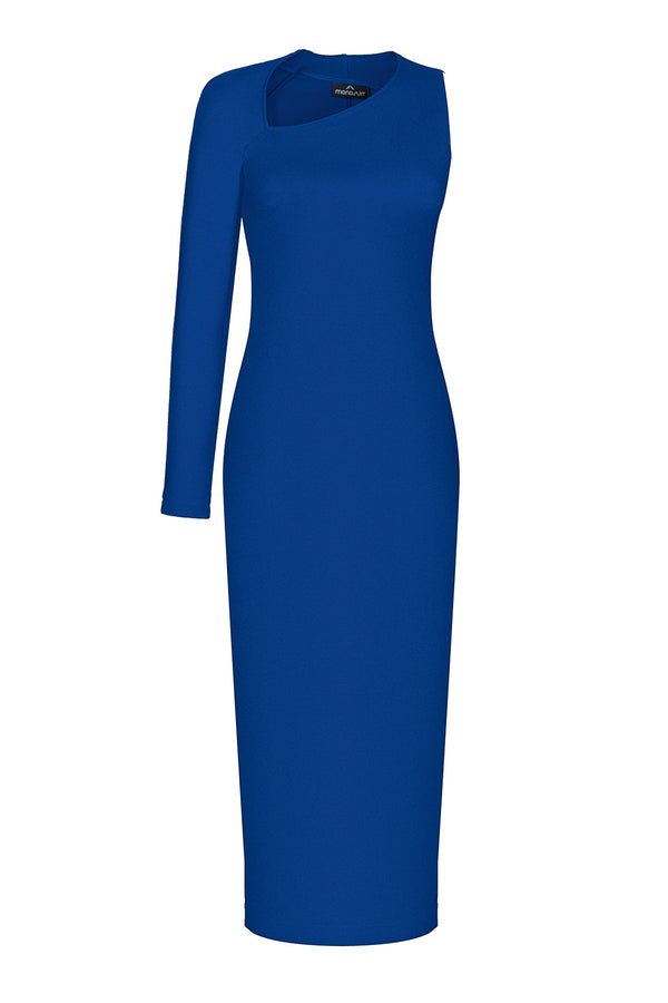 Monosuit Blue One Sleeve Asymmetric Neck Bodycon Evening Minimalist Midi Dress