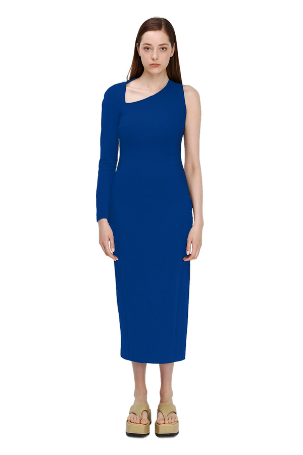 monosuit Blue One Sleeve Asymmetric Neck Bodycon Evening Minimalist Midi Dress