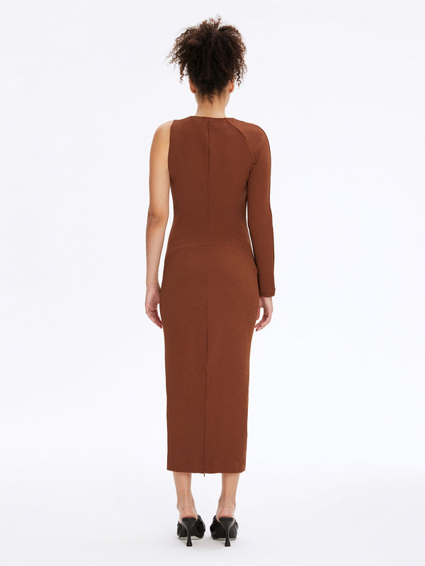 Monosuit Brown One Sleeve Asymmetric Neck Bodycon Evening Minimalist Midi Dress
