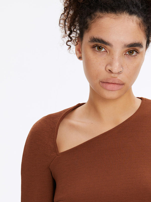 Monosuit Brown One Sleeve Asymmetric Neck Bodycon Evening Minimalist Midi Dress