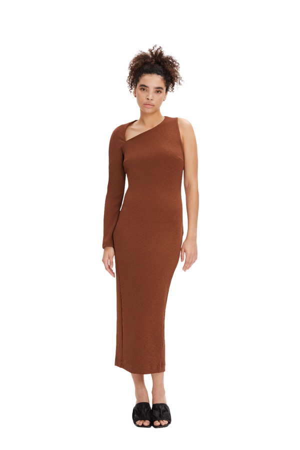 monosuit Brown One Sleeve Asymmetric Neck Bodycon Evening Minimalist Midi Dress