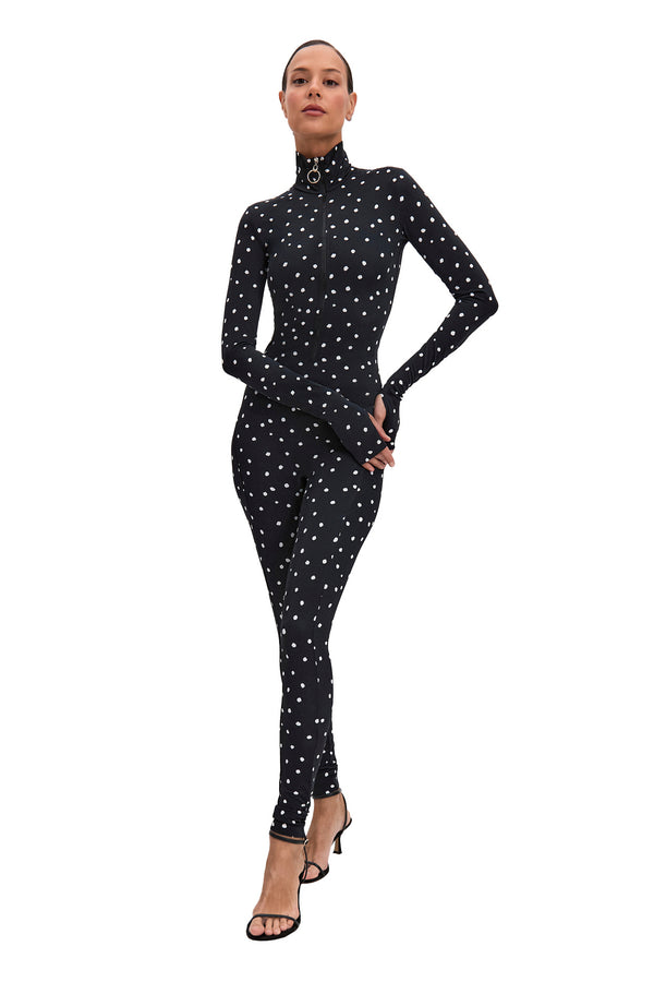 monosuit Dots Black Long Sleeve High Neck Full Bodysuit Total Zipper