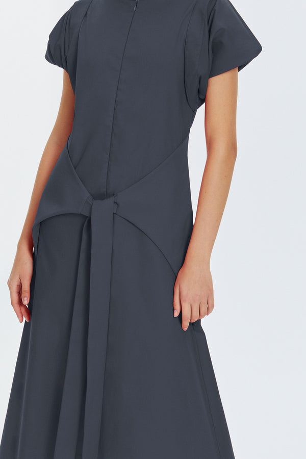 Monosuit Gray Kimono Sleeve High Neck Asymmetrical Belted Futuristic Maxi Dress Lea