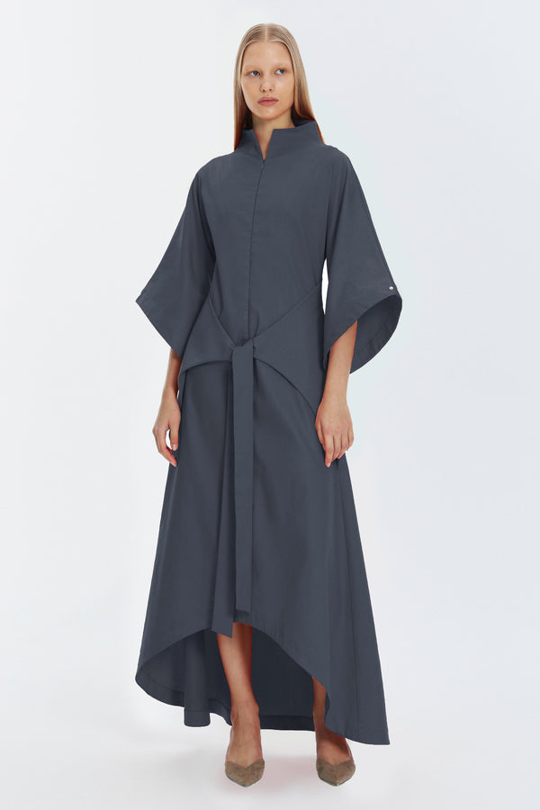 Monosuit Gray Kimono Sleeve High Neck Asymmetrical Belted Futuristic Maxi Dress Lea
