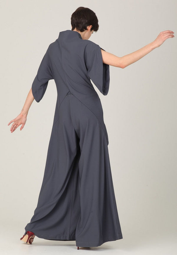 Monosuit Gray Short Sleeve High Neck Wide-Leg Japanese Kimono Jumpsuit LEA
