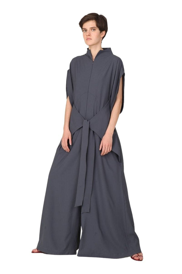monosuit Gray Short Sleeve High Neck Wide-Leg Japanese Kimono Jumpsuit LEA