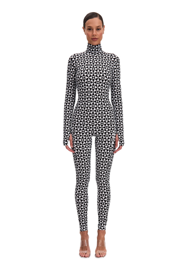 monosuit Illusion Long Sleeve High Neck Full Bodysuit Total Black & White