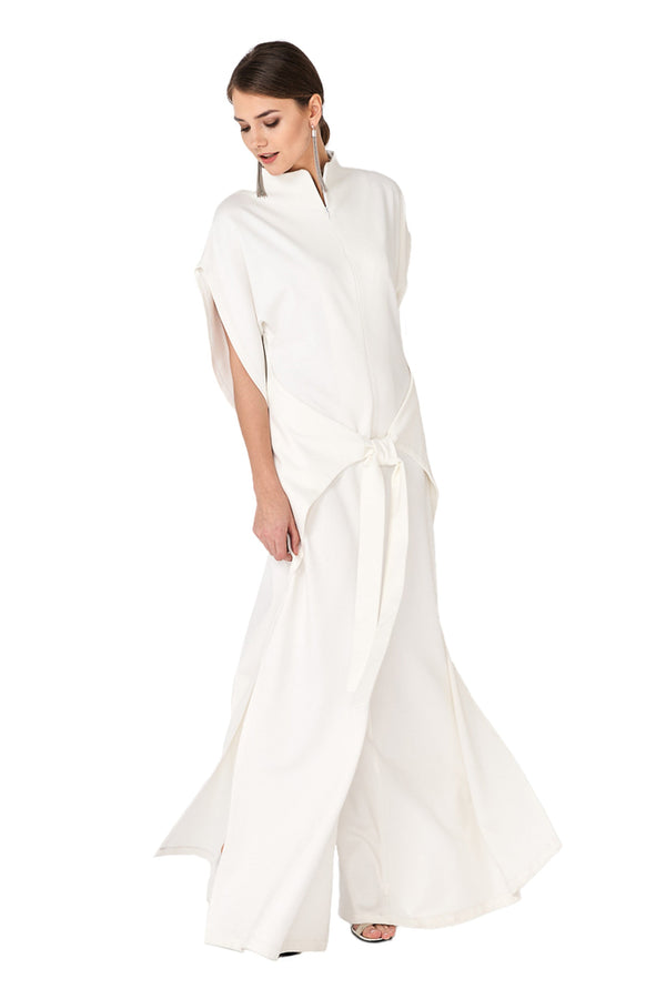 Monosuit Ivory Short Sleeve High Neck Wide-Leg Japanese Kimono Jumpsuit LEA