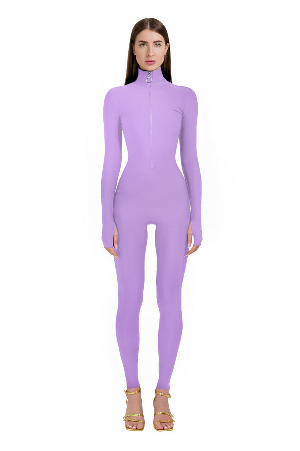 monosuit Lavender Long Sleeve Turtleneck Zip Up Full Bodysuit Total Zipper