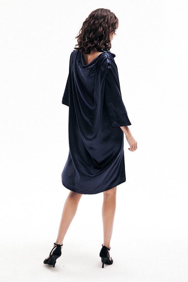 Monosuit Navy 3/4 Sleeve High Neck Cut-Out Draped Belted Satin Loose Fit Casual Midi Dress