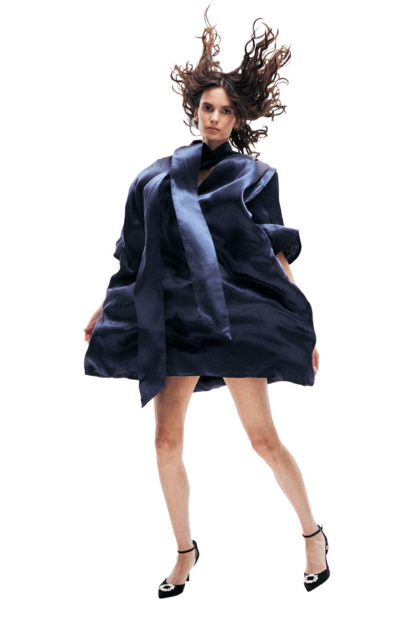 Monosuit Navy 3/4 Sleeve High Neck Cut-Out Draped Belted Satin Loose Fit Casual Midi Dress