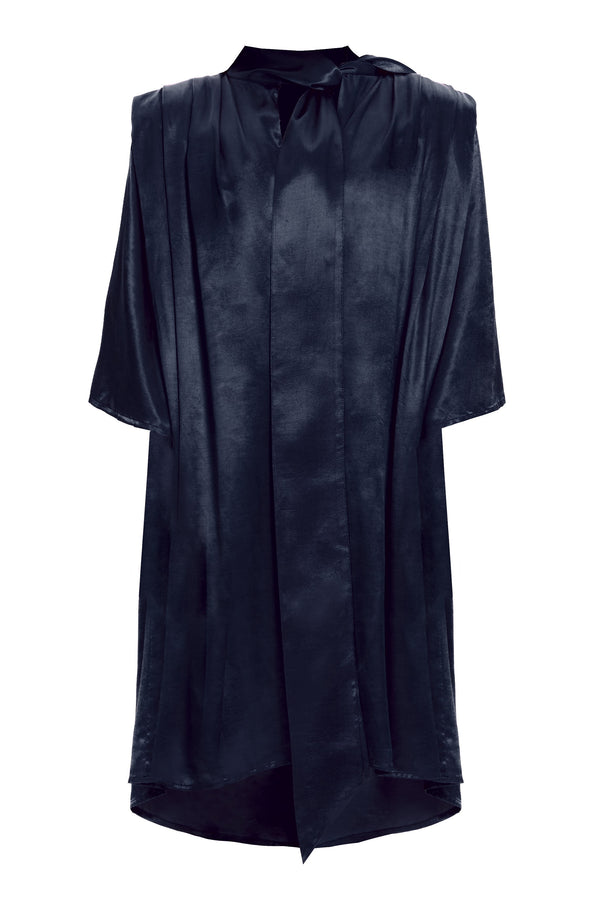 Monosuit Navy 3/4 Sleeve High Neck Cut-Out Draped Belted Satin Loose Fit Casual Midi Dress