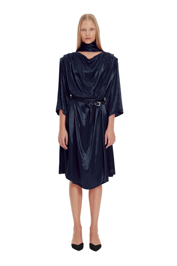 monosuit Navy 3/4 Sleeve High Neck Cut-Out Draped Belted Satin Loose Fit Casual Midi Dress