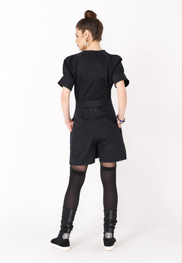 Monosuit Navy Short Sleeve Cotton V-Neck Tie-Waist Short Casual Jumpsuit ANGELA