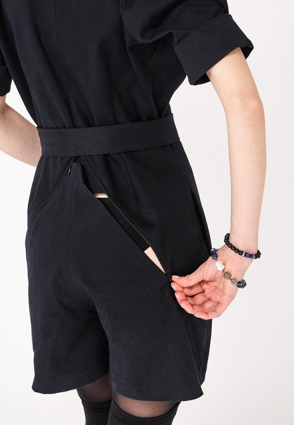Monosuit Navy Short Sleeve Cotton V-Neck Tie-Waist Short Casual Jumpsuit ANGELA