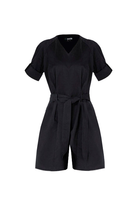 Monosuit Navy Short Sleeve Cotton V-Neck Tie-Waist Short Casual Jumpsuit ANGELA