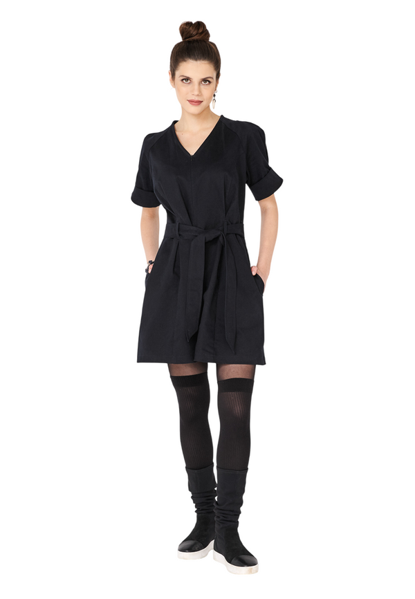 monosuit Navy Short Sleeve Cotton V-Neck Tie-Waist Short Casual Jumpsuit ANGELA