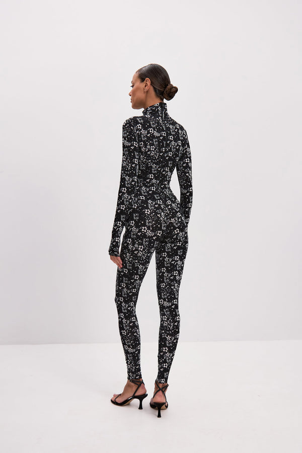Monosuit Noir Blossom Long Sleeve High Neck Full Bodysuit Total Black & White
