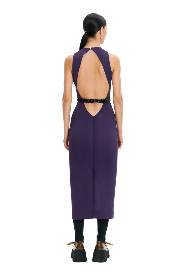 Monosuit Purple Sleeveless Crew Neck Backless Lace Belted Bodycon Evening Midi Dress