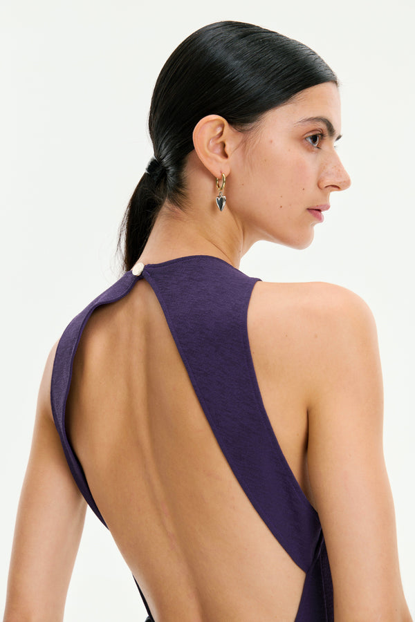 Monosuit Purple Sleeveless Crew Neck Backless Lace Belted Bodycon Evening Midi Dress