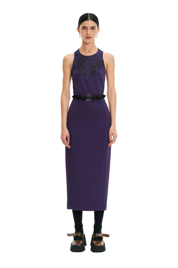 monosuit Purple Sleeveless Crew Neck Backless Lace Belted Bodycon Evening Midi Dress