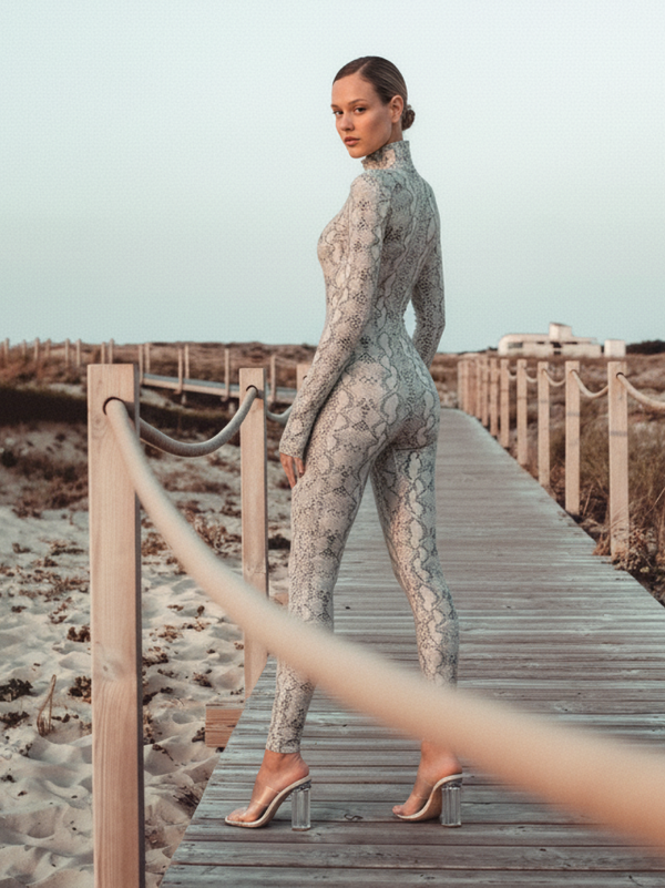 Monosuit Python Long Sleeve Turtleneck Zip Up Full Bodysuit Total Zipper