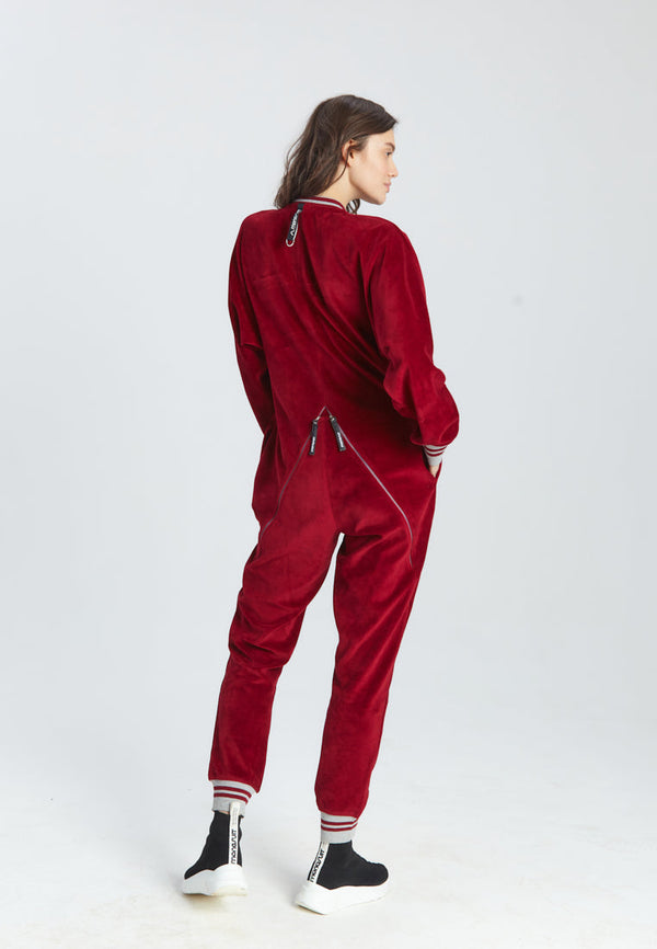 Monosuit Red Long Sleeve Velvet Casual Zip-Up Bomber Jumpsuit