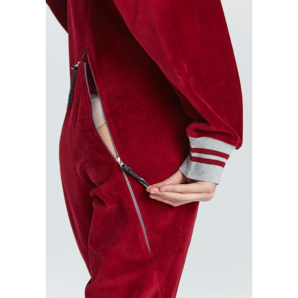 Monosuit Red Long Sleeve Velvet Casual Zip-Up Bomber Jumpsuit