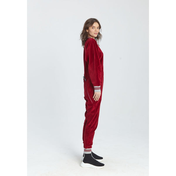 Monosuit Red Long Sleeve Velvet Casual Zip-Up Bomber Jumpsuit