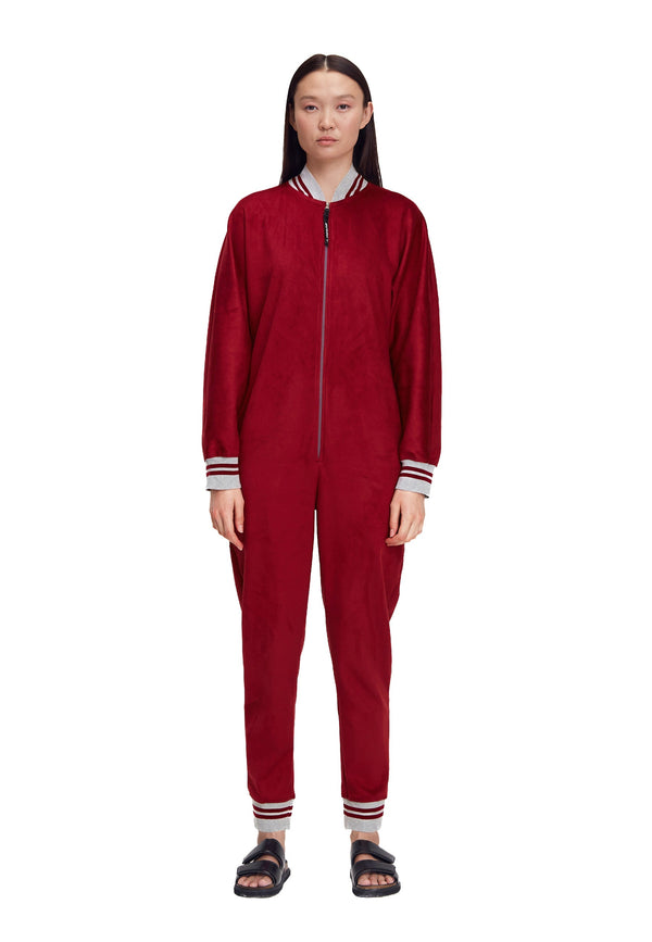 monosuit Red Long Sleeve Velvet Casual Zip-Up Bomber Jumpsuit