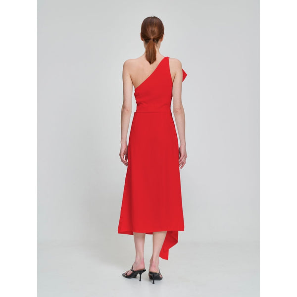 Monosuit Red One-Shoulder Asymmetrical Ruffle Flared Evening Midi Dress