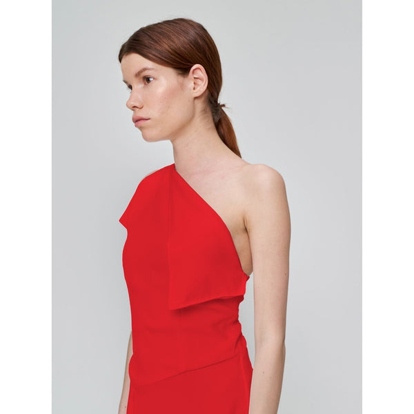 Monosuit Red One-Shoulder Asymmetrical Ruffle Flared Evening Midi Dress