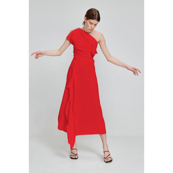 Monosuit Red One-Shoulder Asymmetrical Ruffle Flared Evening Midi Dress