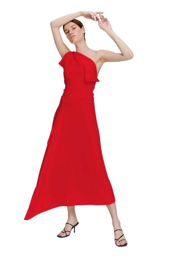 monosuit Red One-Shoulder Asymmetrical Ruffle Flared Evening Midi Dress