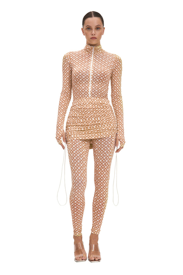 monosuit Set Beige Long Sleeve Turtleneck Full Bodysuit & Beige Teeny-Tiny Skirt