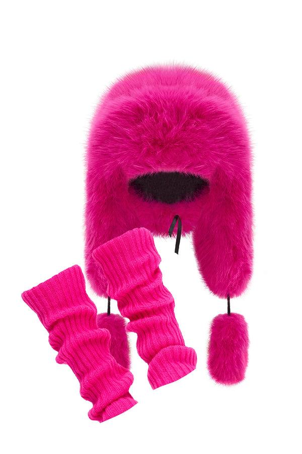 monosuit Set Fuchsia Knitted Leg Warmers & Fancy Poodle Faux Fur Hat