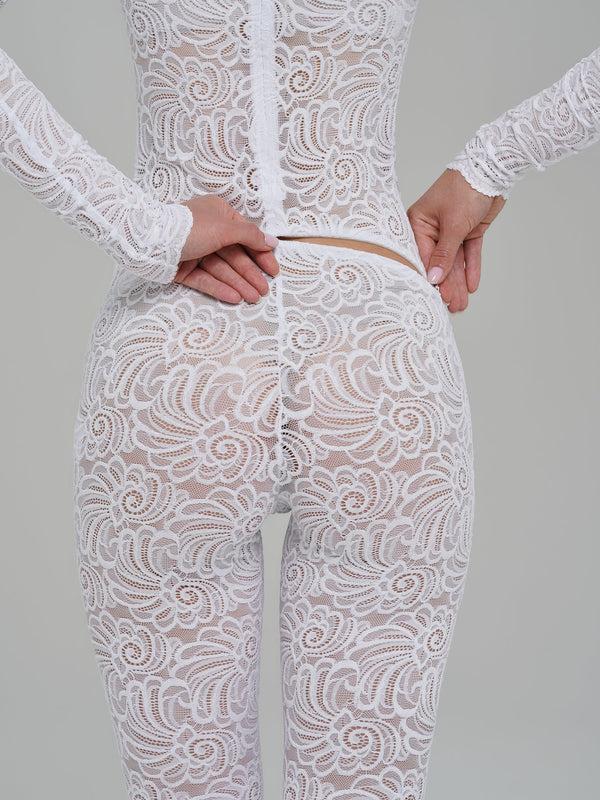 Monosuit White Floral Lace Sheer Long Sleeve Turtleneck Full Bodysuit
