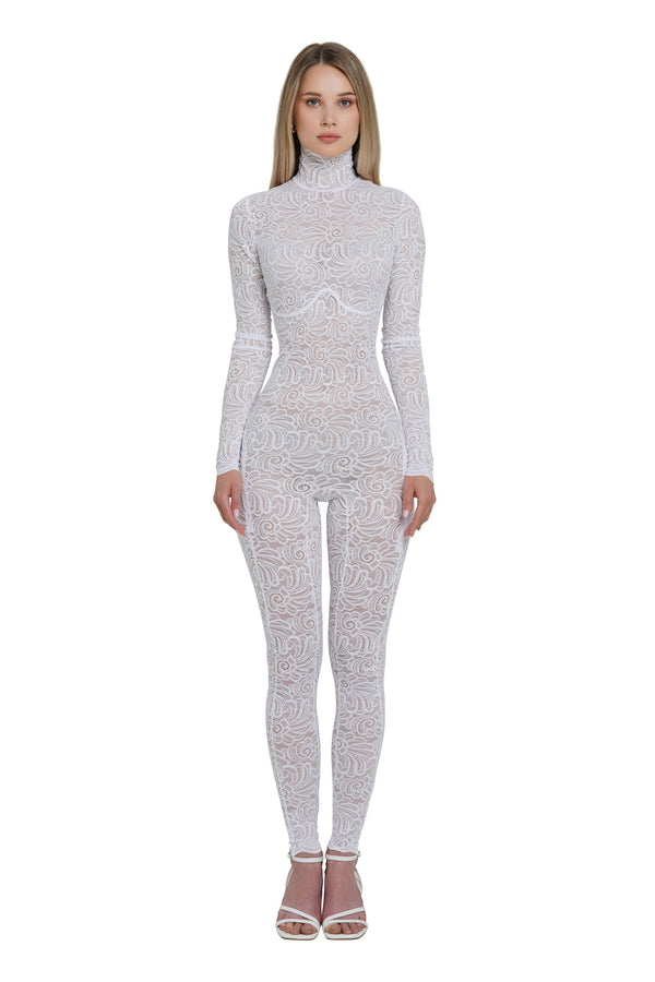 monosuit White Floral Lace Sheer Long Sleeve Turtleneck Full Bodysuit