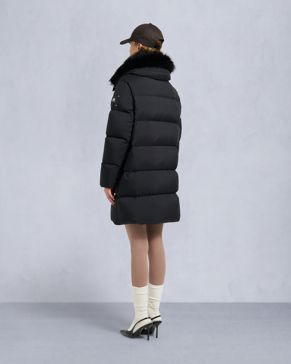 Moose Knuckles BELLE DUNE LONG SHEARLING TRIM PUFFER BLACK/BLACK